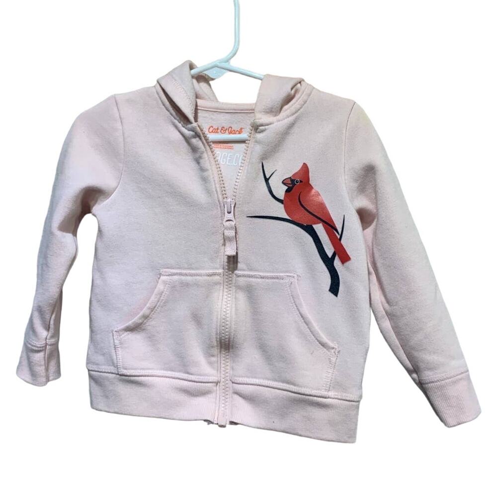 Hand Printed Upcycled 2T Red Cardinal Bird Full Zip Pale Pink Hoodie Jacket